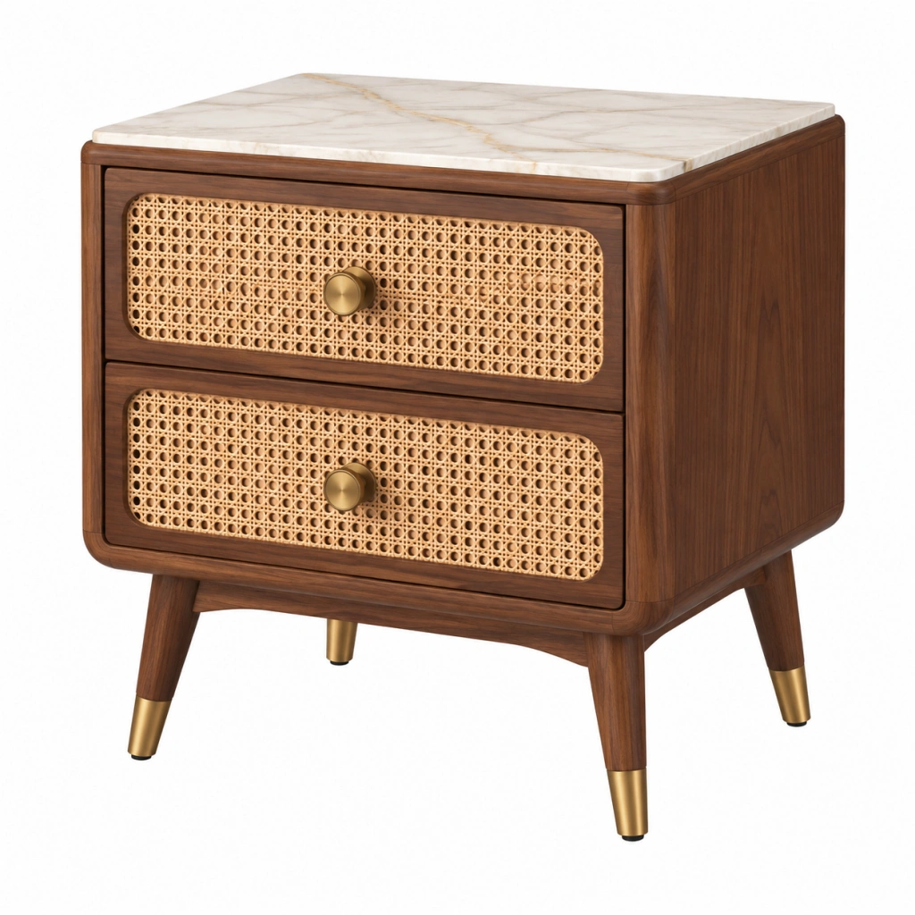 Comodino 55 x 42 x 58 cm in legno noce con rattan e piano effetto marmo stile retrò