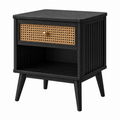 Comodino 50 x 40 x 60 cm in legno nero con cassetto in rattan - stile vintage