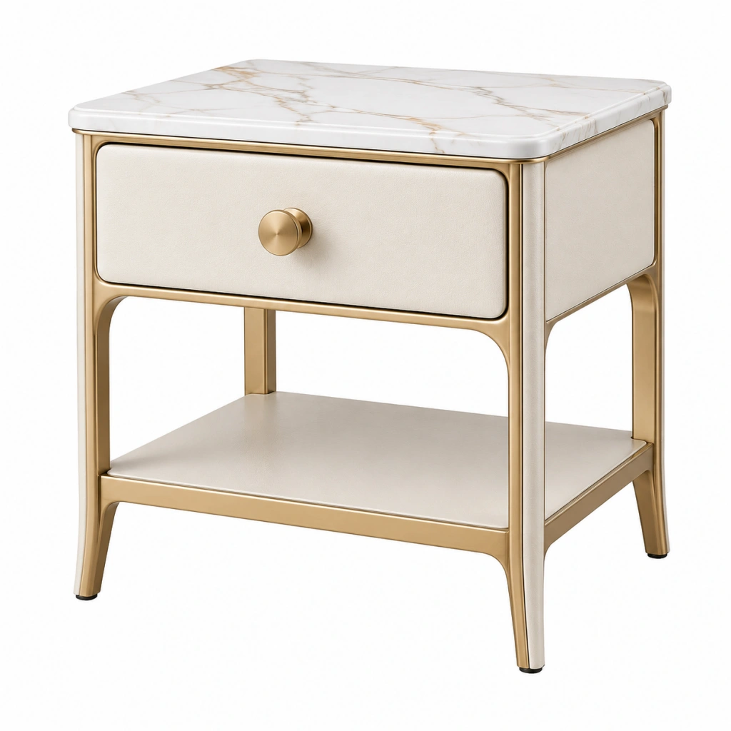 Comodino 50 x 40 x 60 cm con cassetto in metallo dorato e piano effetto marmo