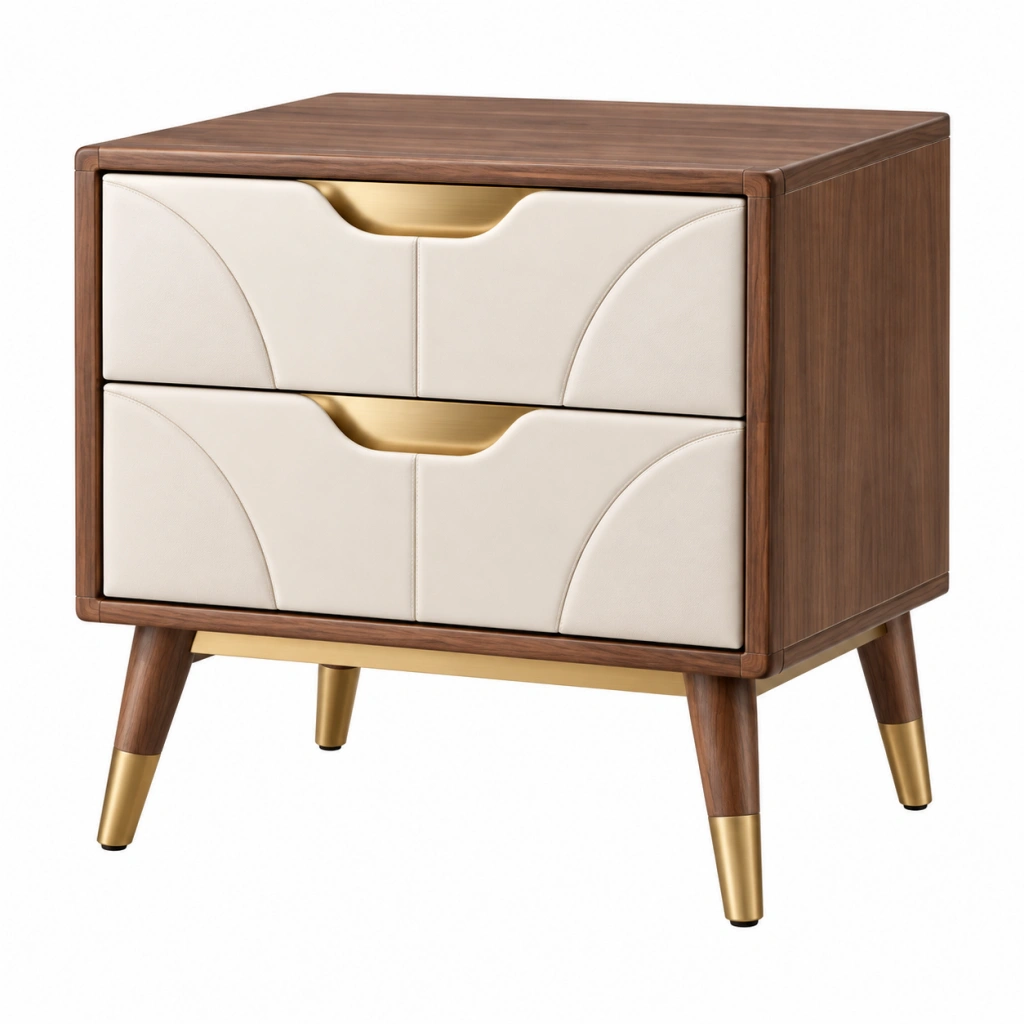 Comodino 50 x 40 x 60 cm in legno marrone e rivestimento beige con 2 cassetti stile moderno