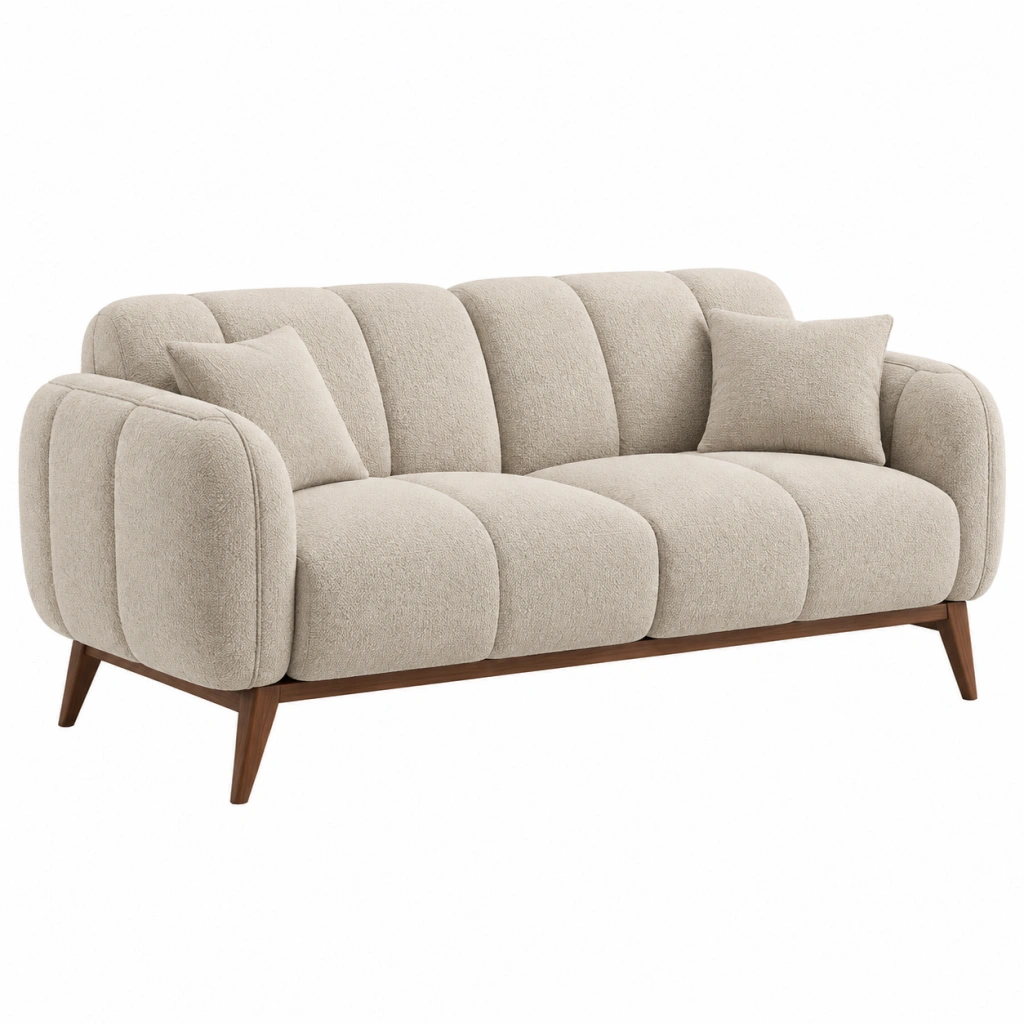 Divano 3 posti 210 x 92 x 82 cm in tessuto bouclé beige con gambe in legno stile moderno
