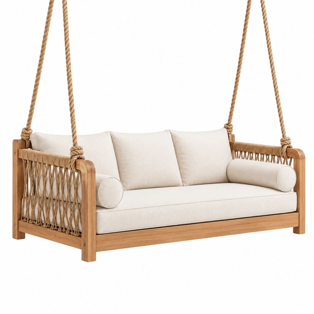 Dondolo sospeso 140 x 75 x 190 cm in legno e corda beige per esterno