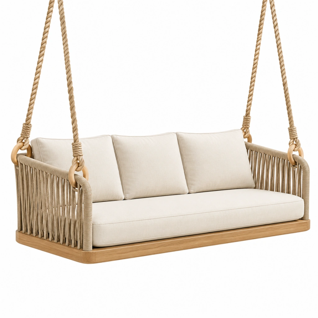 Dondolo sospeso 150 x 75 x 180 cm in legno e corda beige da esterno stile boho