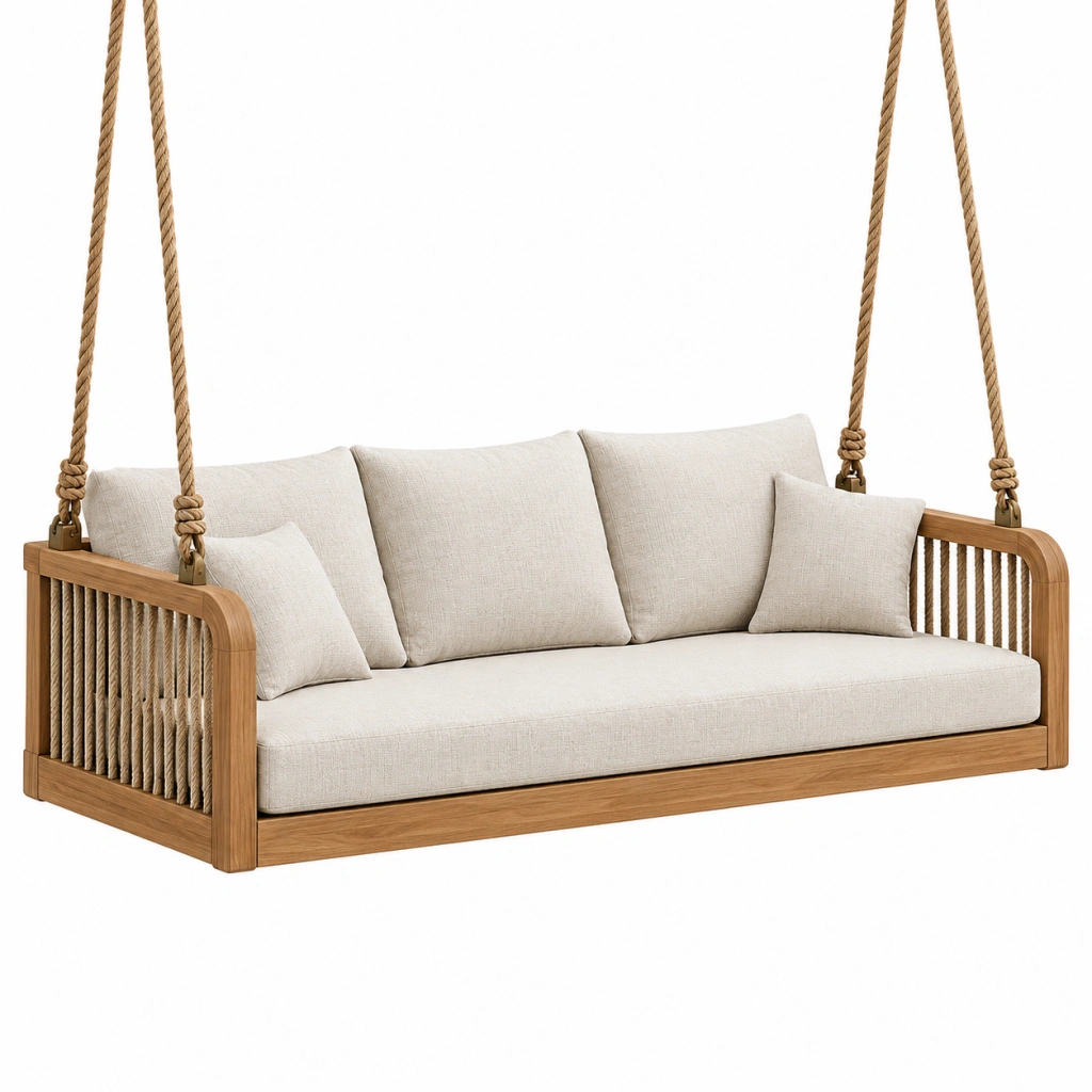 Divano sospeso 150 x 75 x 65 cm in legno e corda beige per esterni stile naturale