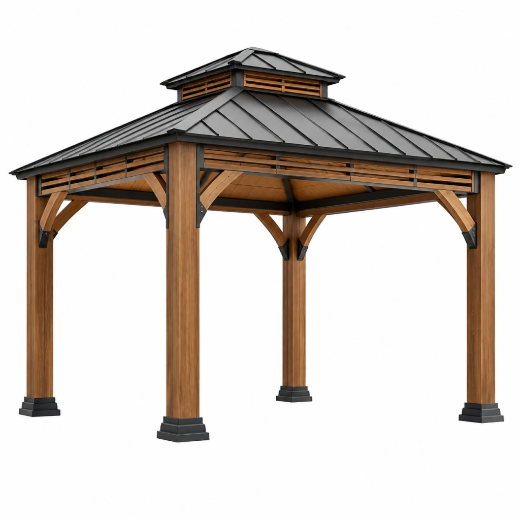 Gazebo da giardino 400 x 400 cm in legno marrone con tetto in metallo nero - copertura ventilata