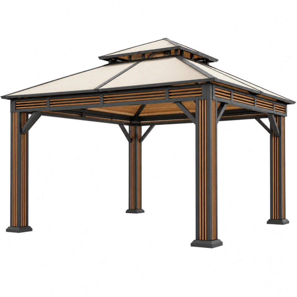Gazebo da giardino 300 x 300 x 300 cm in metallo nero e marrone con tetto rigido moderno