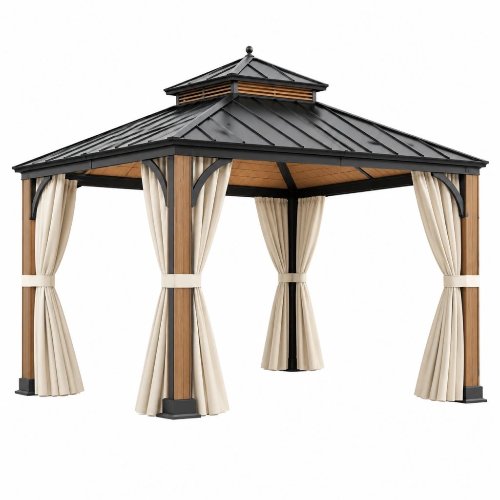 Gazebo da giardino 300 x 300 x 300 cm in metallo nero e marrone con tende beige