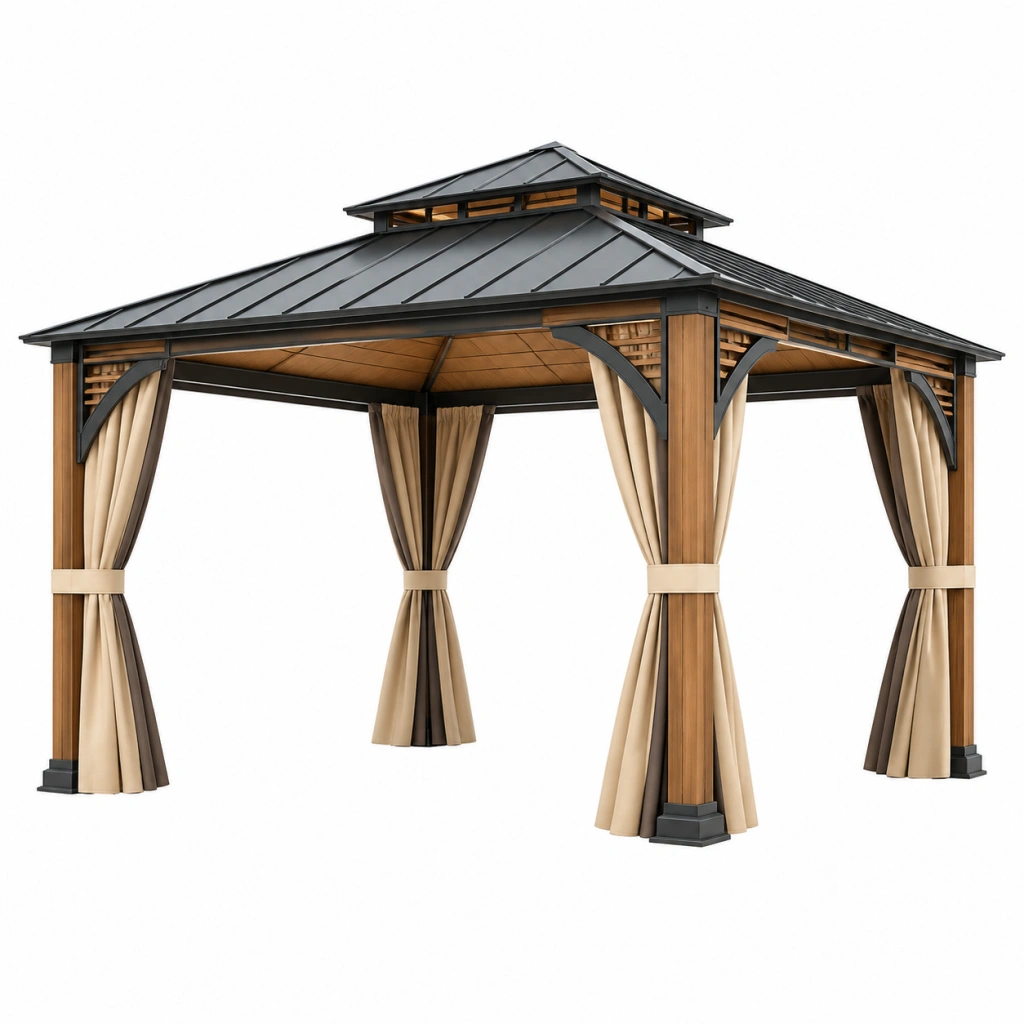 Gazebo da giardino 300 x 300 cm in metallo effetto legno con tende beige stile classico