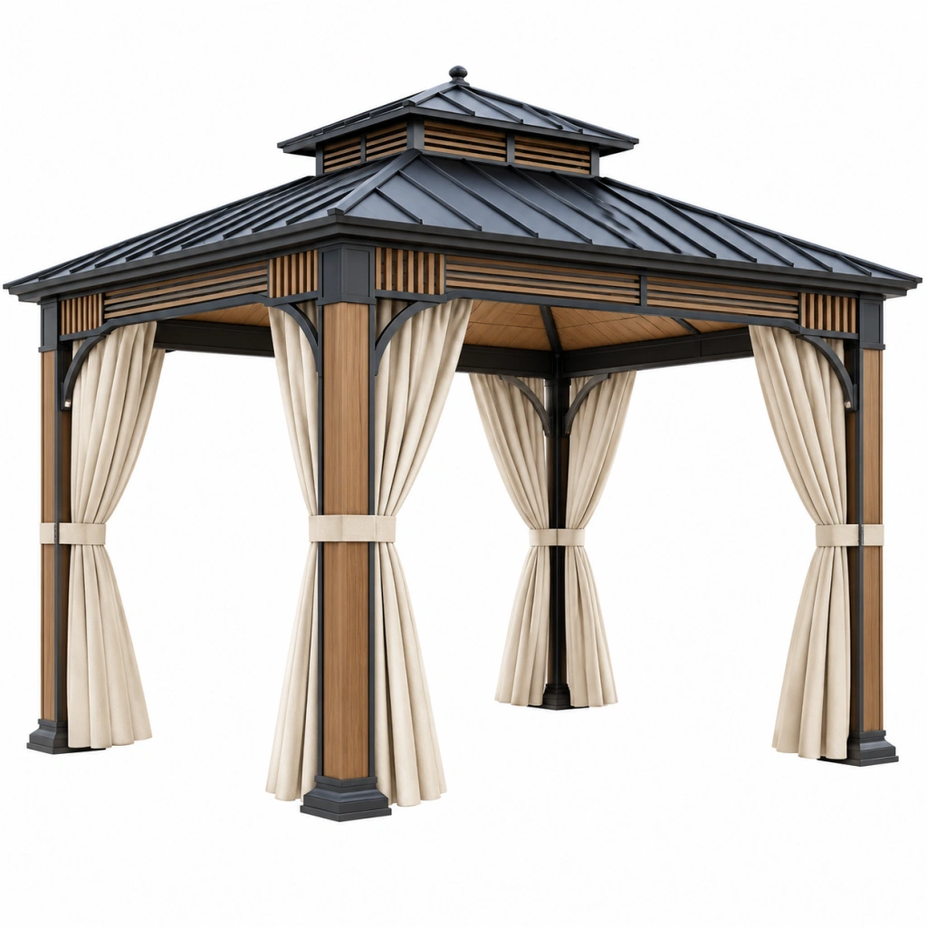 Gazebo da giardino 300 x 300 x 300 cm in acciaio nero effetto legno con tende - struttura a padiglione