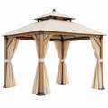Gazebo da giardino 300 x 300 cm con struttura effetto legno e tende beige