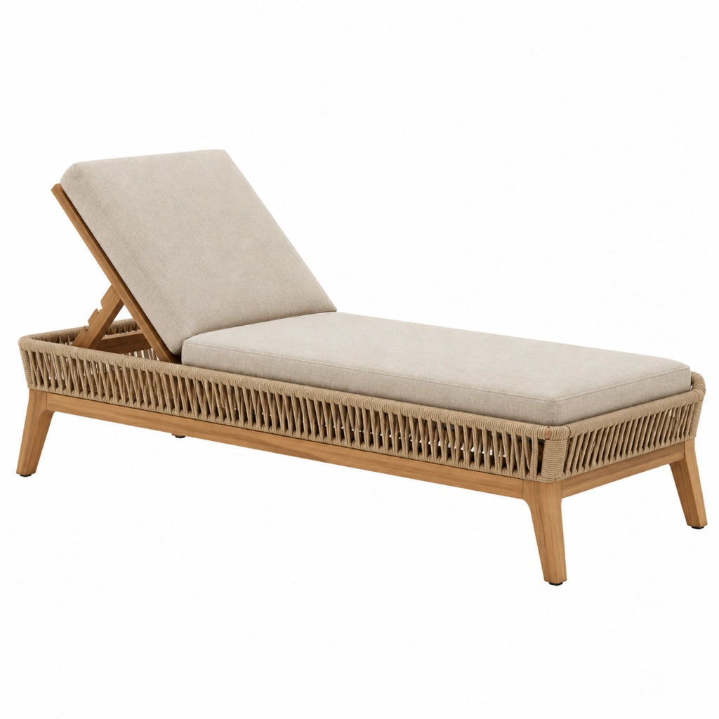 Lettino prendisole 200 x 70 cm in legno e corda beige per esterno con schienale reclinabile