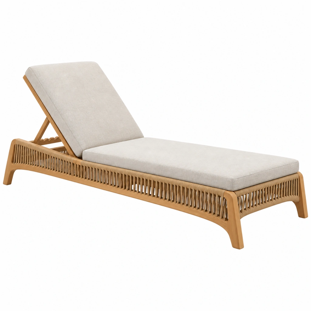 Lettino prendisole 200 x 70 x 85 cm in legno naturale e corda intrecciata con schienale regolabile