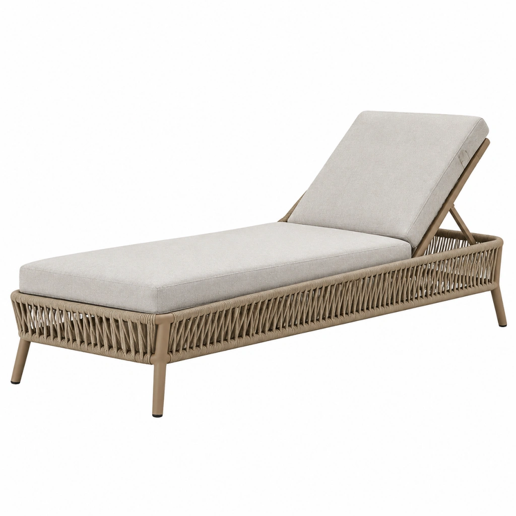 Lettino prendisole 200 x 70 x 85 cm in corda sintetica beige con schienale reclinabile da esterno
