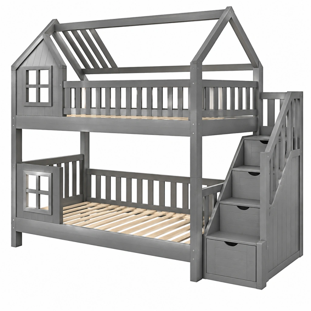 Letto a castello 90 x 190 cm in legno grigio con scala contenitore stile casetta