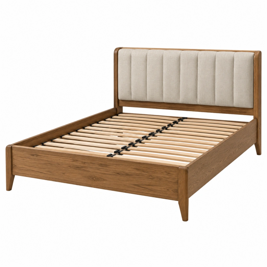 Letto matrimoniale 160 x 200 cm in legno marrone con testiera imbottita beige - stile moderno