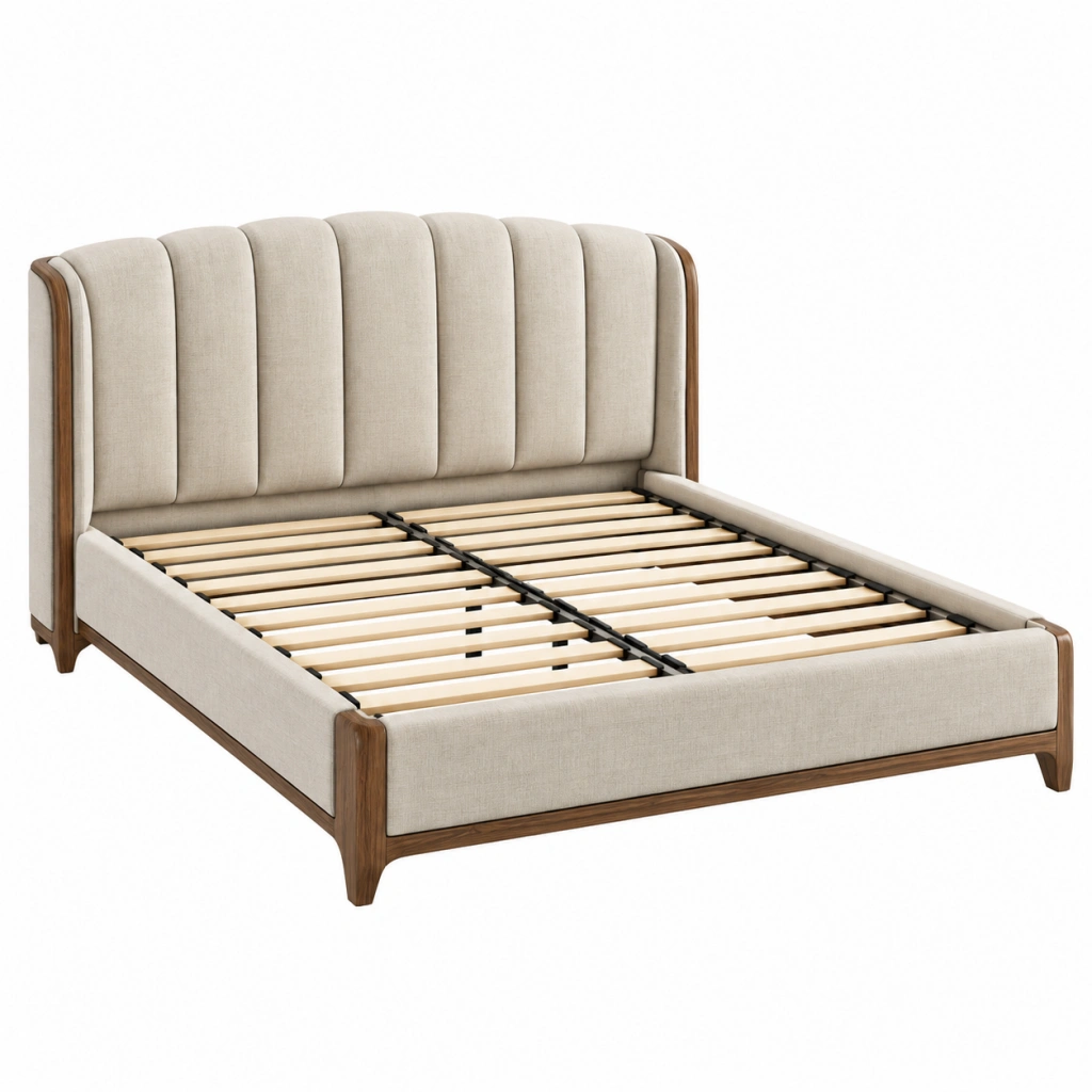 Letto matrimoniale 160 x 200 cm in tessuto beige e legno - stile moderno imbottito
