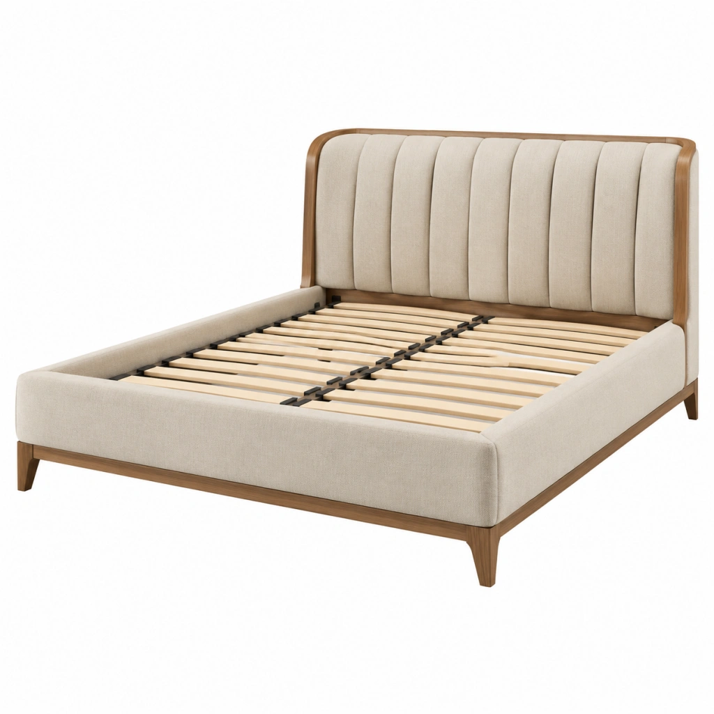 Letto matrimoniale 160 x 200 cm in tessuto beige e legno con testiera imbottita e rete a doghe