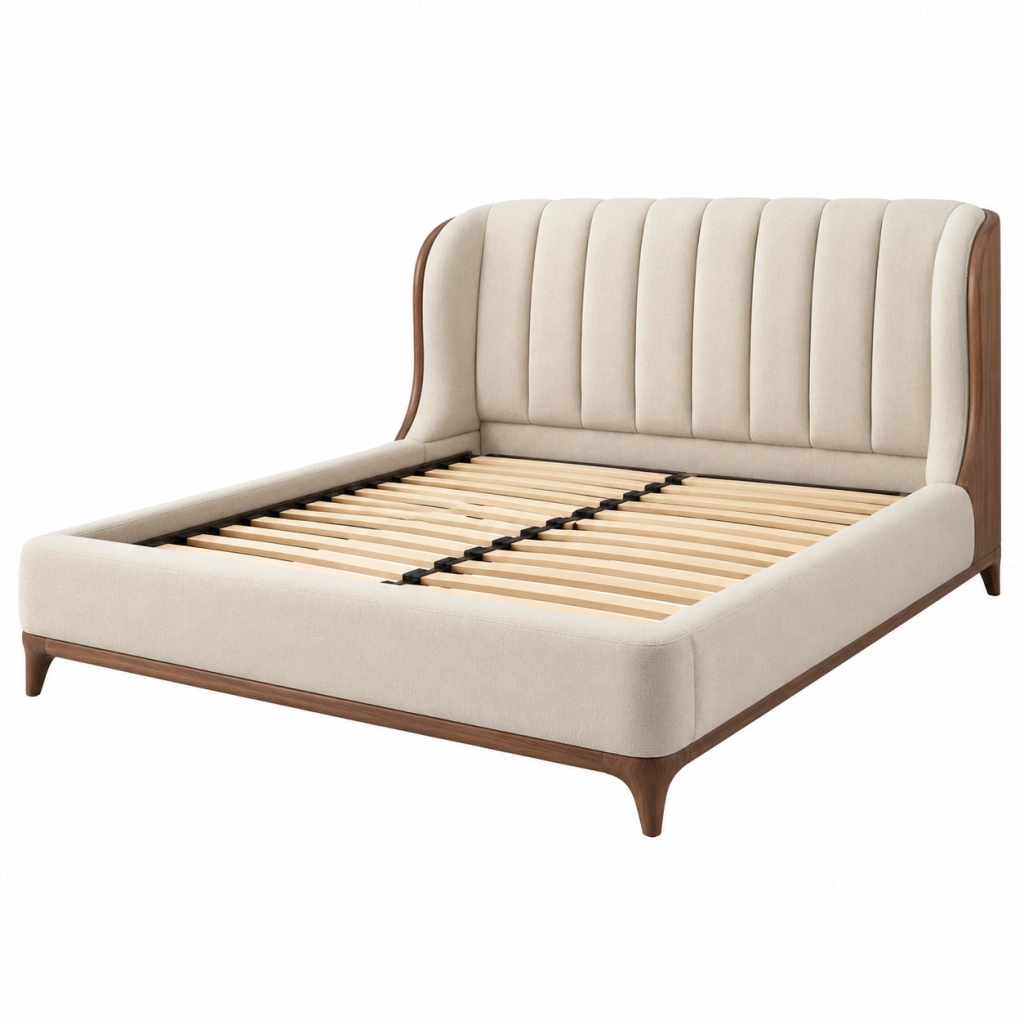 Letto matrimoniale 180 x 200 cm in tessuto beige e legno con testiera imbottita