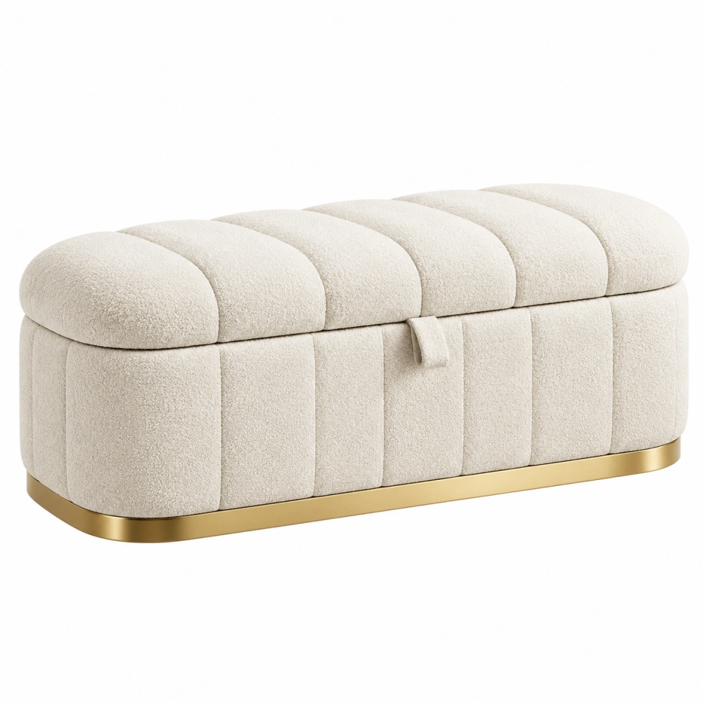 Panca contenitore 100 x 40 x 45 cm in tessuto bouclé avorio con base dorata - imbottita moderna