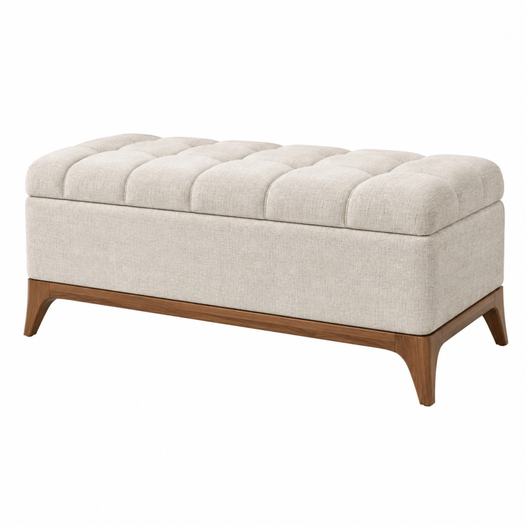 Panca contenitore 120 cm in tessuto beige con base in legno stile moderno