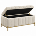 Panca contenitore 120 cm in tessuto bouclé crema con struttura in metallo dorato stile moderno
