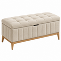 Panca contenitore 110 x 45 x 50 cm in tessuto beige con gambe in legno - stile moderno