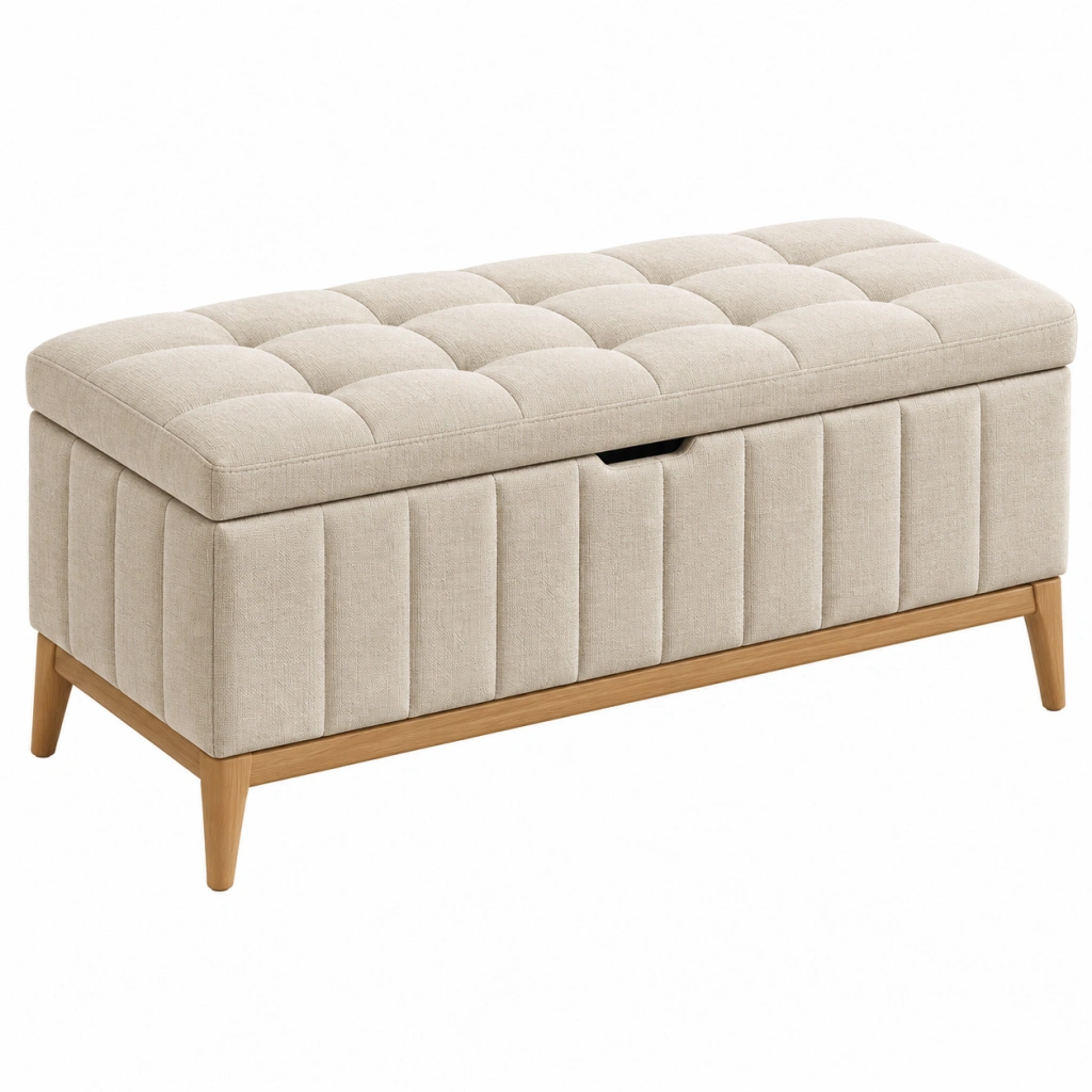Panca contenitore 110 x 45 x 50 cm in tessuto beige con gambe in legno - stile moderno