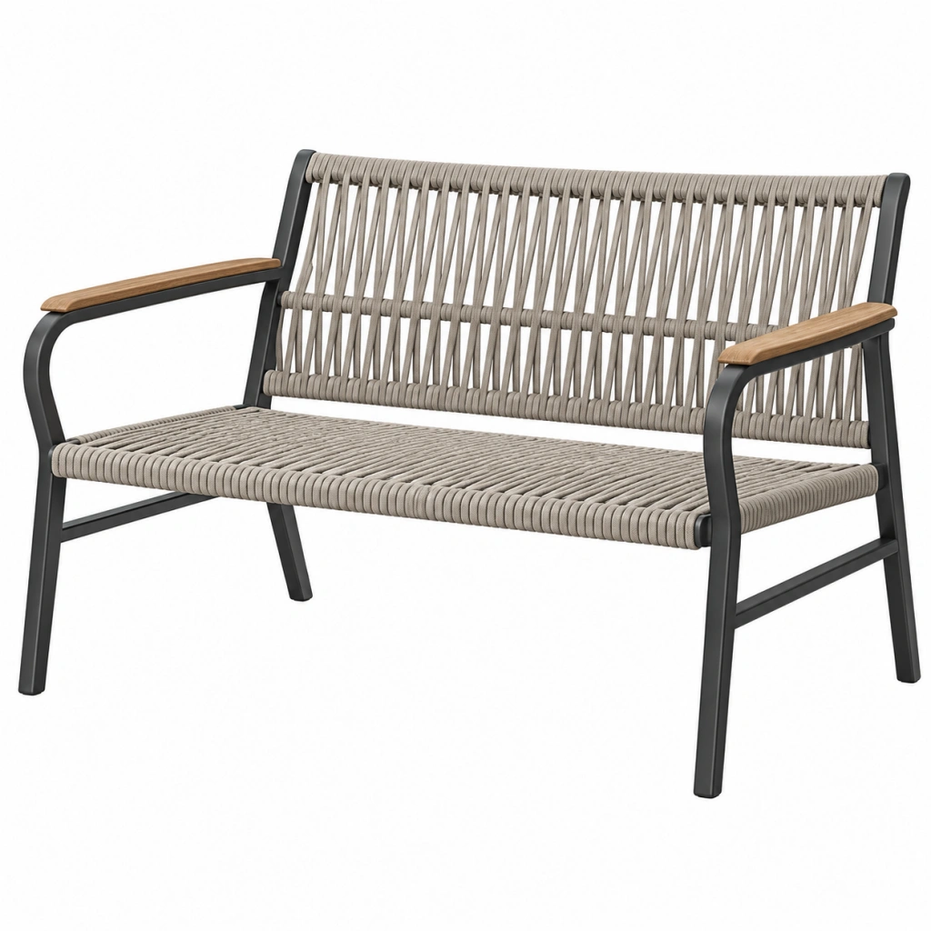 Panca da giardino 126 x 70 x 85 cm in metallo nero e corda grigia - stile moderno con braccioli in legno