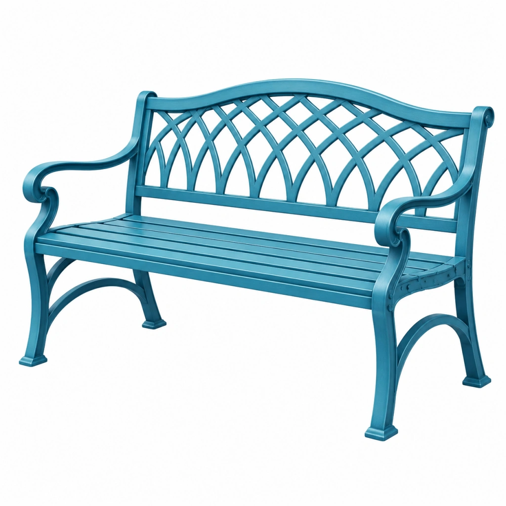 Panchina da giardino 120 cm in metallo turchese - stile classico con schienale traforato