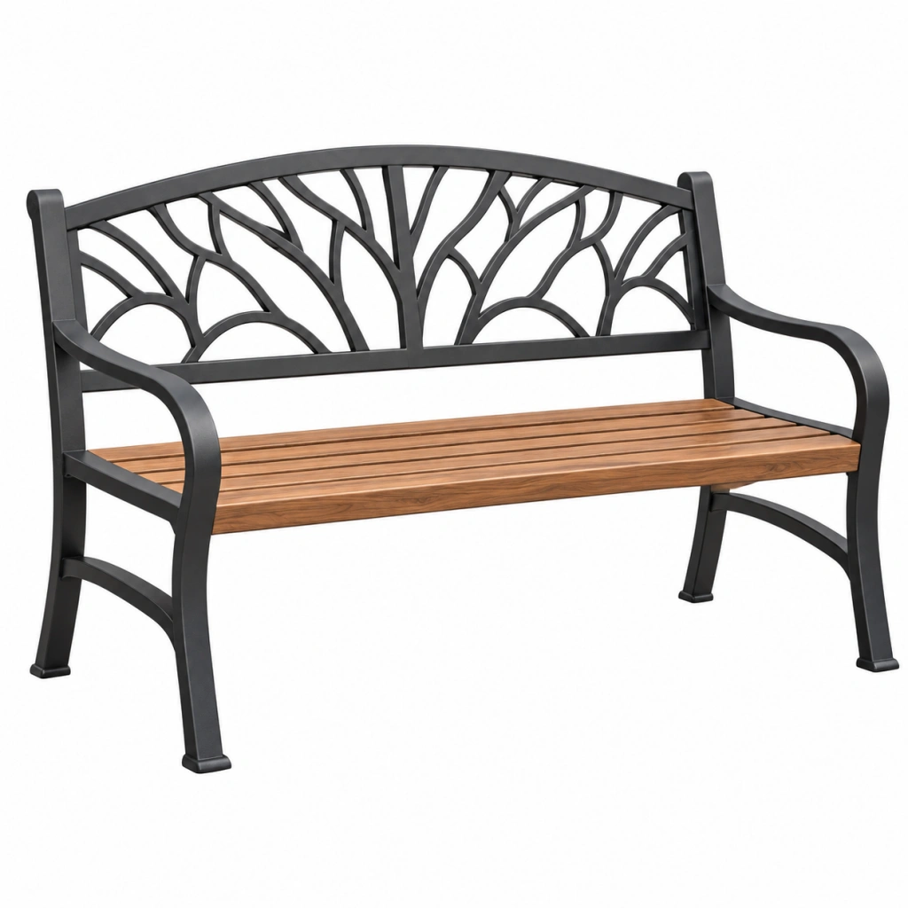 Panca da giardino 122 cm in metallo nero e legno marrone - stile decorativo a 2 posti